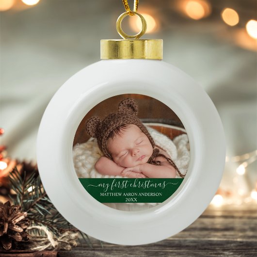 Stijlvol script Mijn eerste kerstBaby Groen Tin Sneeuwvlok Ornament