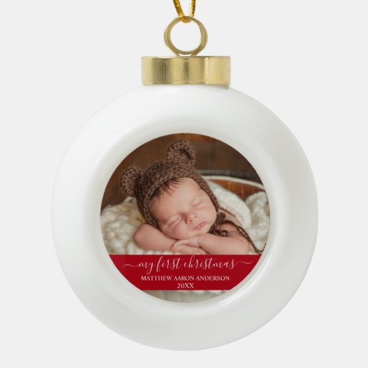 Stijlvol script Mijn eerste kerstrood Baby Keramische Bal Ornament (Voorkant)