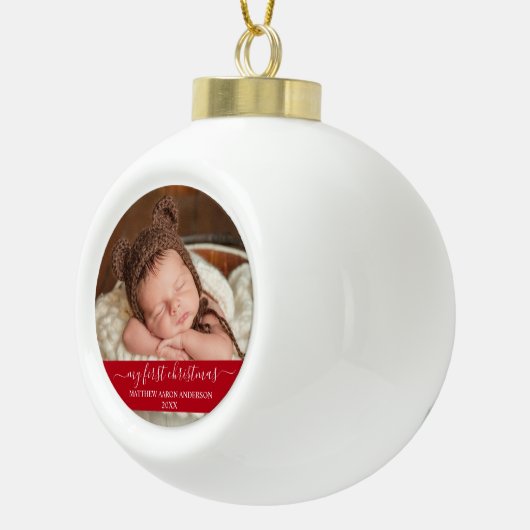 Stijlvol script Mijn eerste kerstrood Baby Keramische Bal Ornament (Rechts)