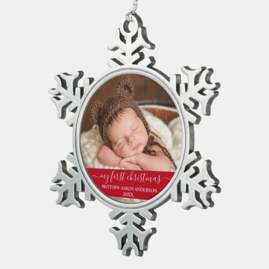 Stijlvol script Mijn eerste kerstrood Baby Tin Sneeuwvlok Ornament (Rechts)