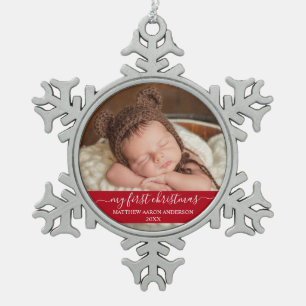Stijlvol script Mijn eerste kerstrood Baby Tin Sneeuwvlok Ornament