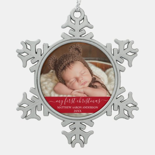 Stijlvol script Mijn eerste kerstrood Baby Tin Sneeuwvlok Ornament (Voorkant)