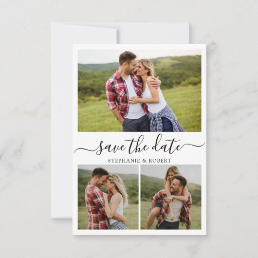 Stijlvol script minimalistisch 3 foto collage brui save the date (Voorkant)