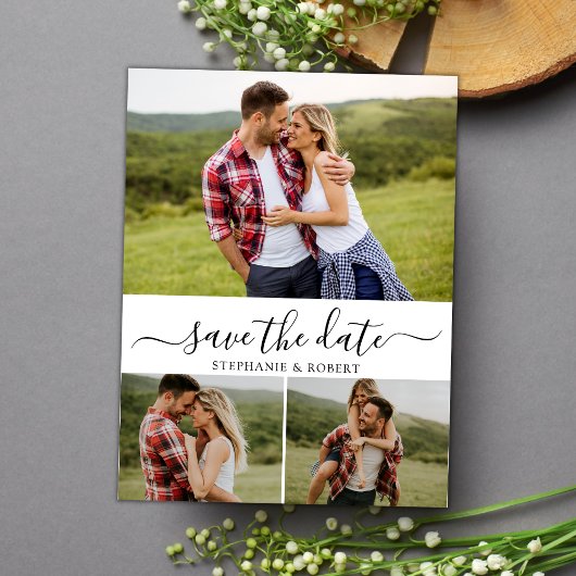 Stijlvol script minimalistisch 3 foto collage brui save the date