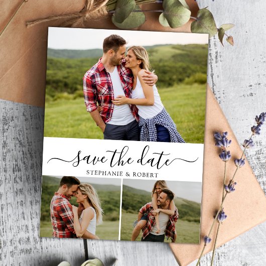 Stijlvol script minimalistisch 3 foto collage brui save the date