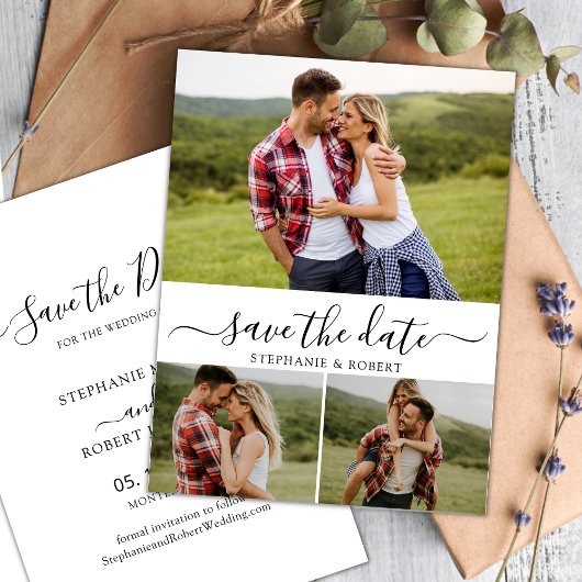 Stijlvol script minimalistisch 3 foto collage brui save the date