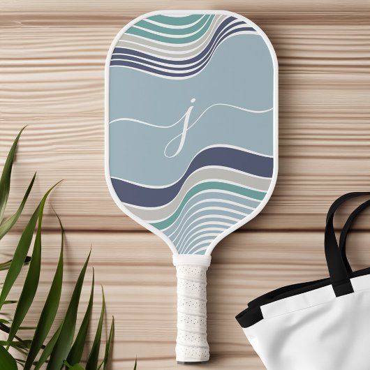 Stijlvol Script Monogram Abstract Retro Blue Wavy Pickleball Paddle