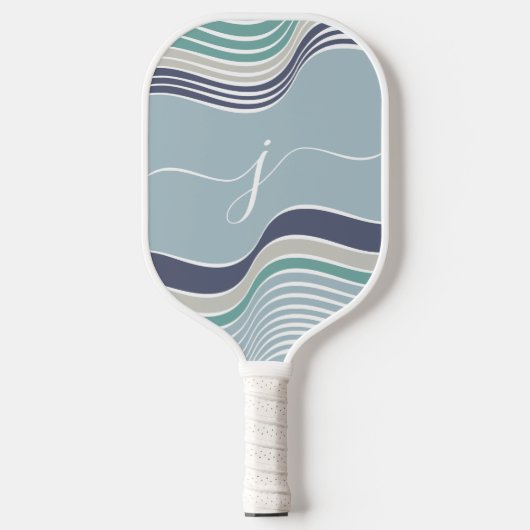 Stijlvol Script Monogram Abstract Retro Blue Wavy Pickleball Paddle (Voorkant)