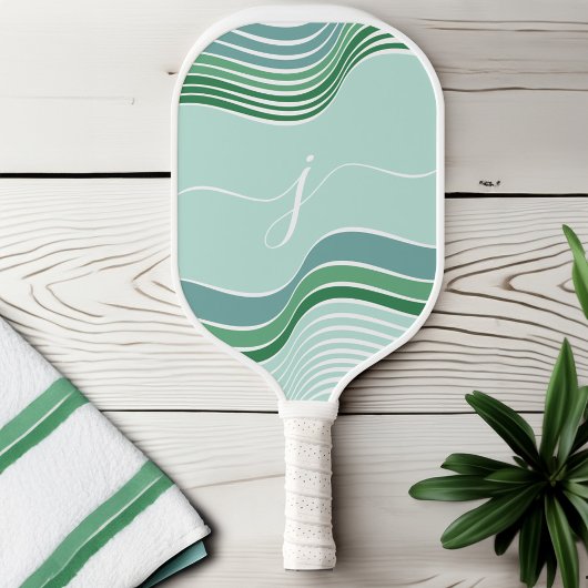 Stijlvol Script Monogram Abstract Retro Green Wavy Pickleball Paddle