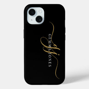 Stijlvol Script Monogram Initialen Goud Zwart iPhone 15 Case