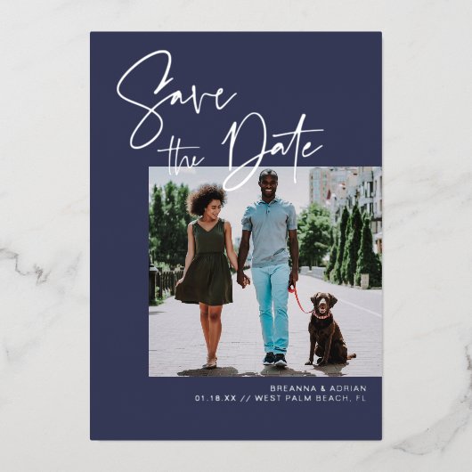 Stijlvol script | Navy & Silver Wedding Photo Folie Uitnodiging (Voorkant)