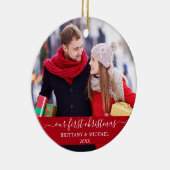 Stijlvol script ons eerste kerstpaar rood keramisch ornament (Rechts)