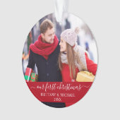 Stijlvol script ons eerste kerstpaar rood ornament (voorkant)