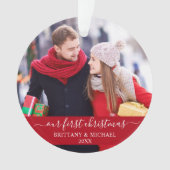 Stijlvol script ons eerste kerstpaar rood ornament (voorkant)