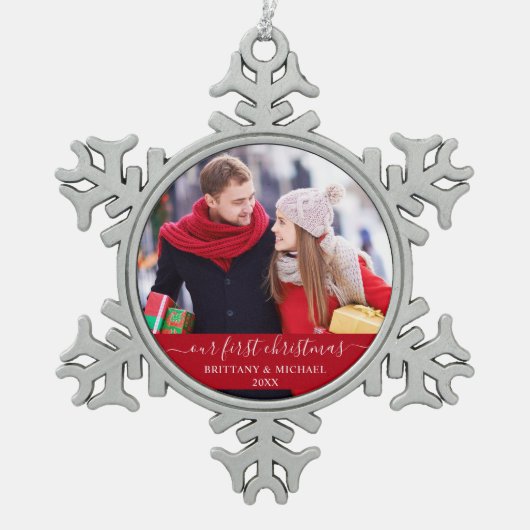 Stijlvol script ons eerste kerstpaar rood tin sneeuwvlok ornament (Voorkant)