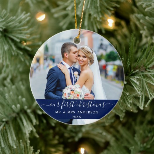 Stijlvol script onze eerste kerstblauw keramisch ornament (Boom)