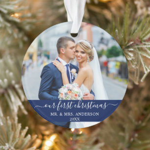Stijlvol script onze eerste kerstblauw ornament