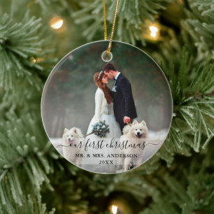 Stijlvol script onze eerste kerstbruiloft foto keramisch ornament