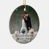 Stijlvol script onze eerste kerstbruiloft foto keramisch ornament (Rechts)