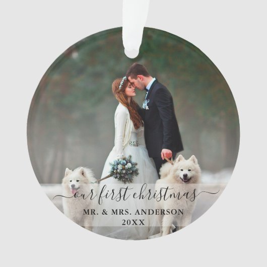Stijlvol script onze eerste kerstbruiloft foto ornament (voorkant)