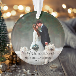 Stijlvol script onze eerste kerstbruiloft foto ornament
