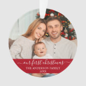 Stijlvol script onze eerste kerstfamilie rood ornament (voorkant)