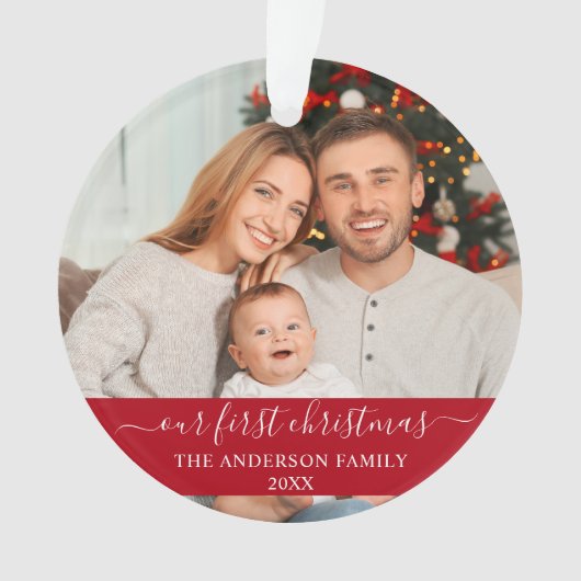 Stijlvol script onze eerste kerstfamilie rood ornament (voorkant)