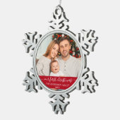 Stijlvol script onze eerste kerstfamilie rood tin sneeuwvlok ornament (Rechts)