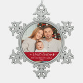 Stijlvol script onze eerste kerstfamilie rood tin sneeuwvlok ornament (Voorkant)