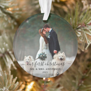 Stijlvol script Onze eerste kerstfoto bruiloft Ornament