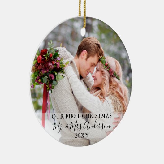 Stijlvol script onze eerste kerstfoto-namen keramisch ornament (Rechts)