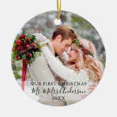 Stijlvol script onze eerste kerstfoto-namen keramisch ornament (Voorkant)