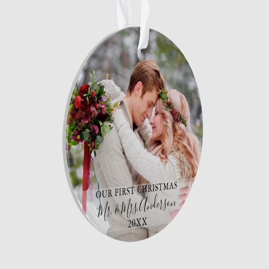 Stijlvol script onze eerste kerstfoto-namen ornament (voorkant)