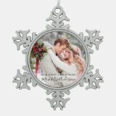 Stijlvol script onze eerste kerstfoto-namen tin sneeuwvlok ornament (Voorkant)