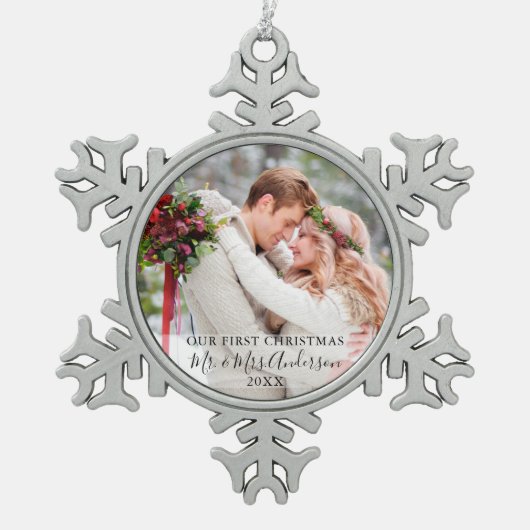 Stijlvol script onze eerste kerstfoto-namen tin sneeuwvlok ornament (Voorkant)