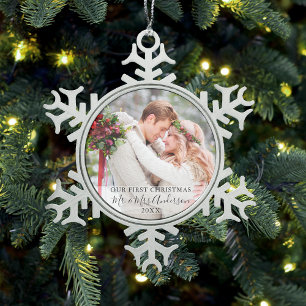 Stijlvol script onze eerste kerstfoto-namen tin sneeuwvlok ornament