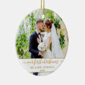 Stijlvol script onze eerste kerstgoud keramisch ornament (Rechts)