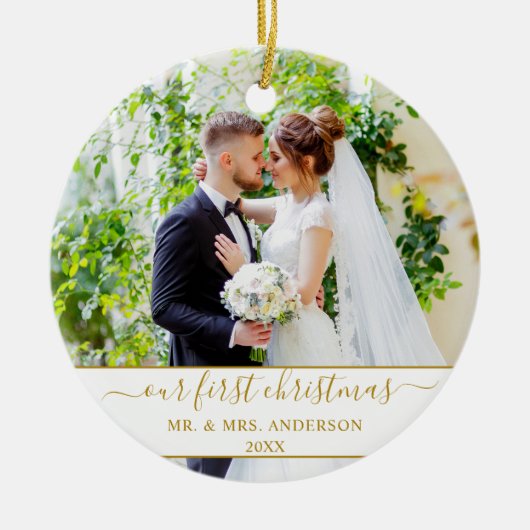 Stijlvol script onze eerste kerstgoud keramisch ornament (Voorkant)