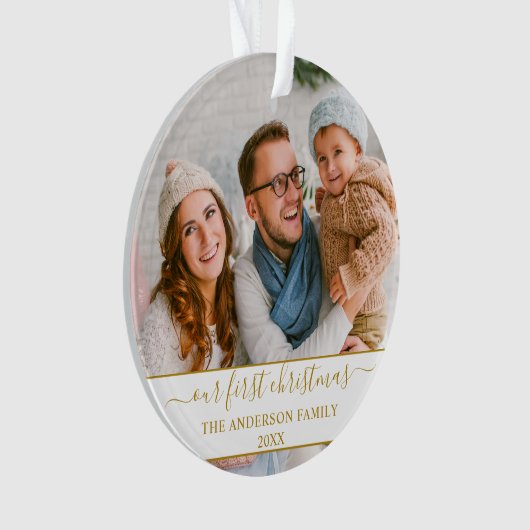 Stijlvol script onze eerste kerstgoudfamilie ornament (voorkant)