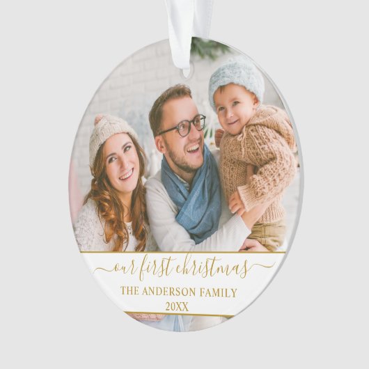 Stijlvol script onze eerste kerstgoudfamilie ornament (voorkant)