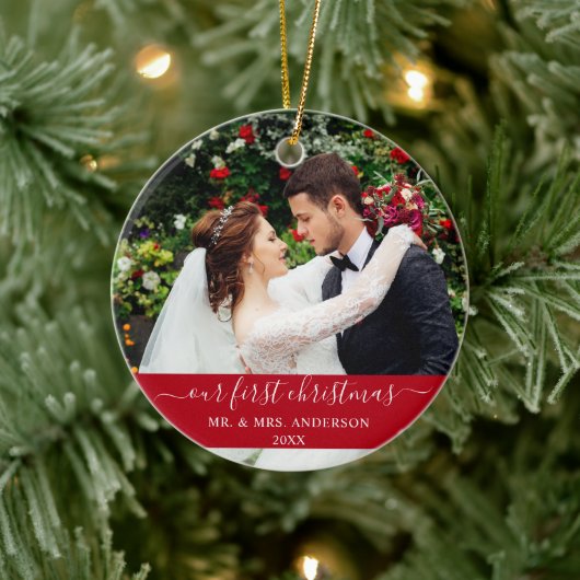 Stijlvol script onze eerste kerstrood keramisch ornament (Boom)