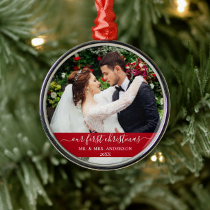 Stijlvol script onze eerste kerstrood metalen ornament