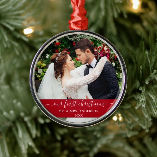 Stijlvol script onze eerste kerstrood metalen ornament (Boom)