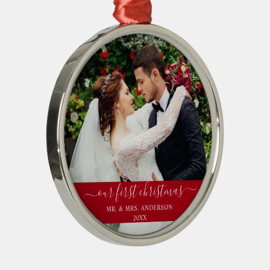 Stijlvol script onze eerste kerstrood metalen ornament (Rechts)