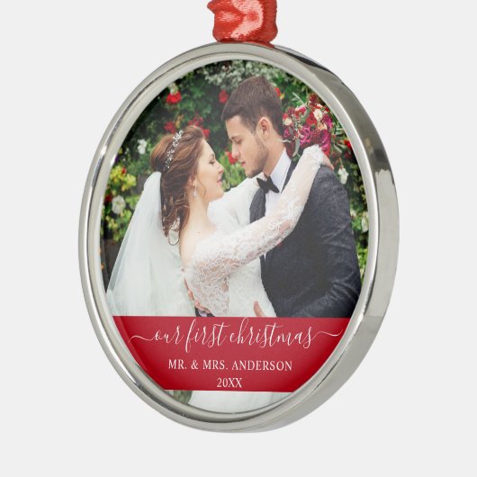 Stijlvol script onze eerste kerstrood metalen ornament (Links)