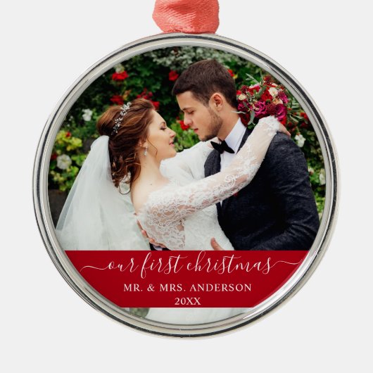 Stijlvol script onze eerste kerstrood metalen ornament (Voorkant)