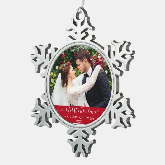 Stijlvol script onze eerste kerstrood tin sneeuwvlok ornament (Rechts)