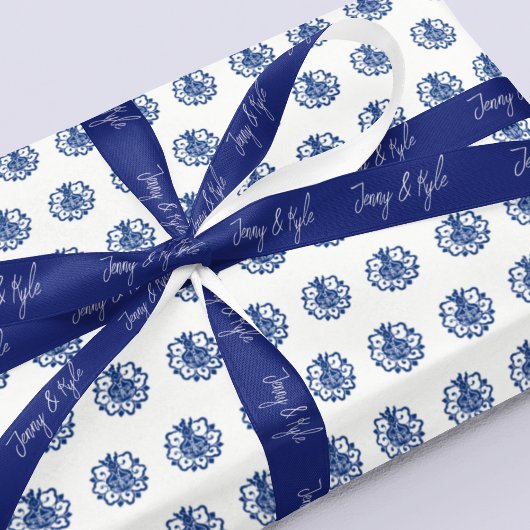 Stijlvol script paar namen marine blauw satijnen lint