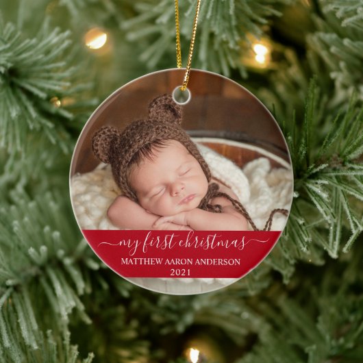 Stijlvol script Red Mijn eerste kerstBaby Keramisch Ornament (Boom)