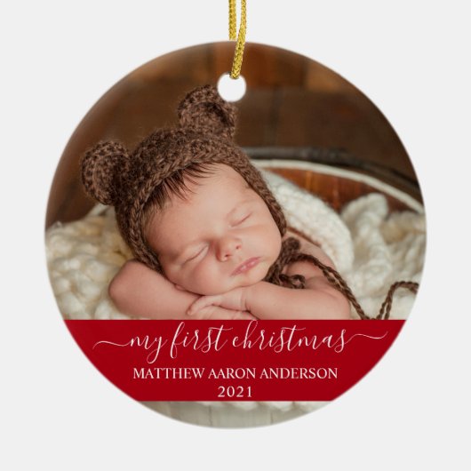 Stijlvol script Red Mijn eerste kerstBaby Keramisch Ornament (Voorkant)